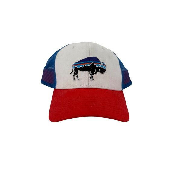 Patagonia Mesh Trucker Hat With Buffalo Logo  Blue & Red FLAW - Picture 1 of 4